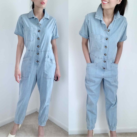 DENIM COLLAR BUTTON DOWN JUMPSUIT - WITH POCKETS AND BUTTON DOWN - Picture 7 of 9